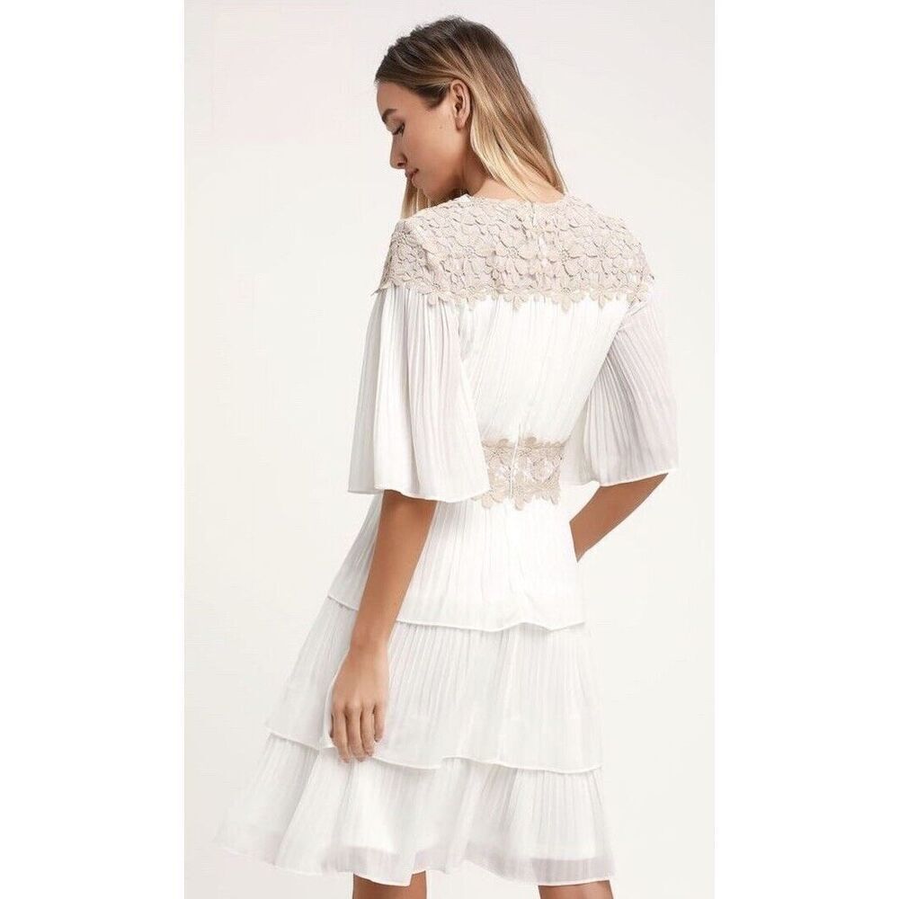 Lulus Westwind Beige Lace Pleated Dress Women Sz XL Wedding White Bell Sleeves - Picture 2 of 13